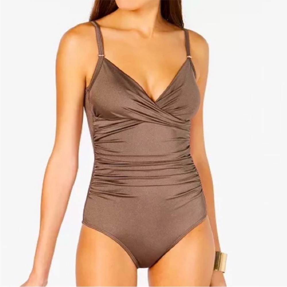 Calvin Klein Tummy-Control One-Piece Swimsuit metallic Bronze size 14 ruched